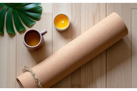 Esterilla de yoga de corcho enrollada con una correa de cáñamo, junto a una taza de té y una vela encendida.